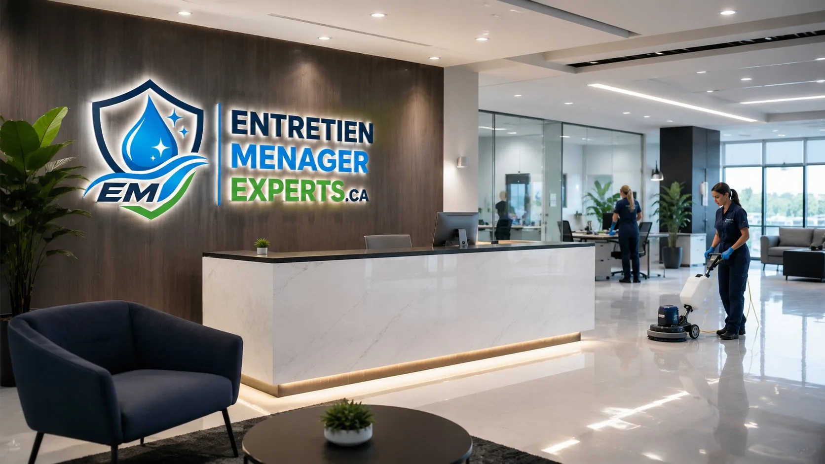 Réception d'entreprise nettoyée par une équipe d'entretien ménager