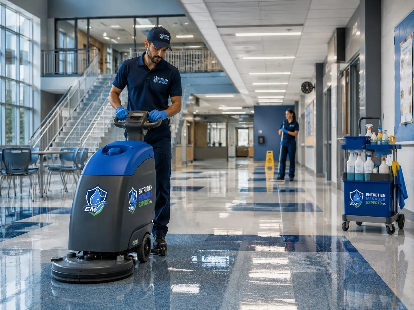 Récurage de planchers dans un corridor institutionnel